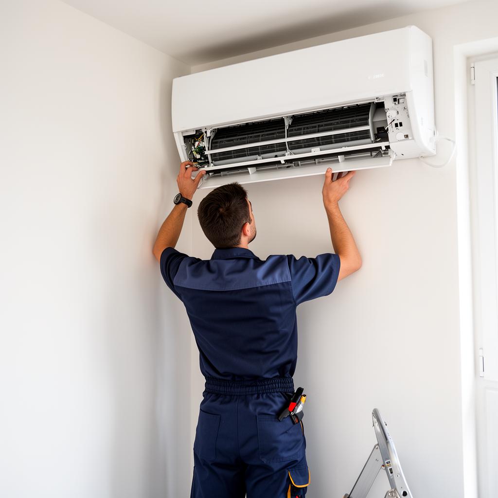 Técnico instalando ar condicionado split em parede